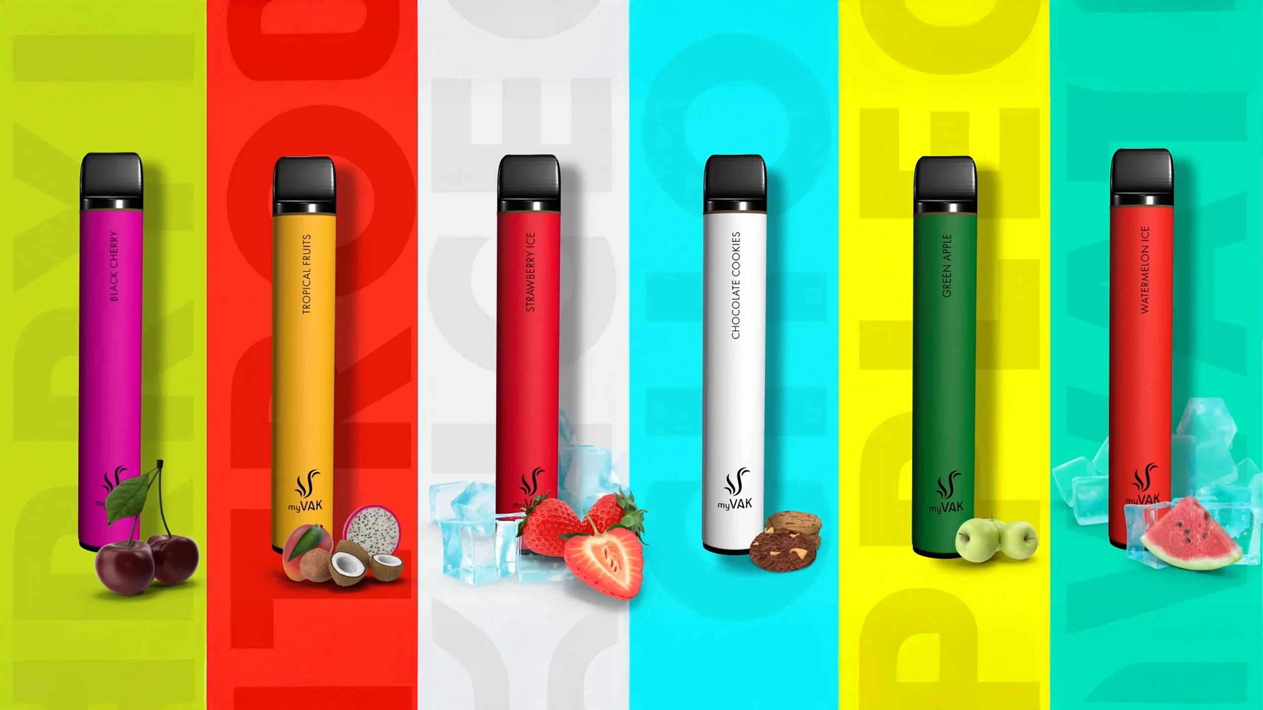 Lineup of MYVAK electronic cigarettes in multiple flavors on colorful background